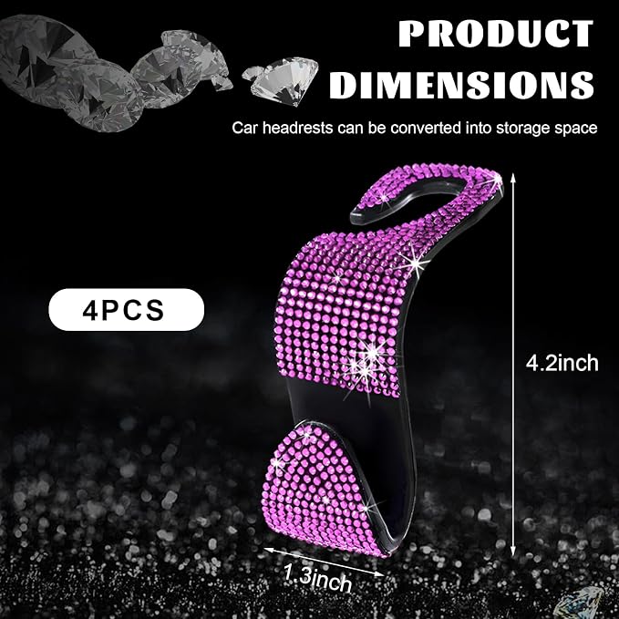 4 PCS Bling Car Seat Headrest Hooks, Sparkly Crystal Rhinestone Auto Back Seat Hanger Backpack Storage Hanger, Universal Diamond Handbag Hanging Holder for Car RV SUV Truck (Pink) - Image 2