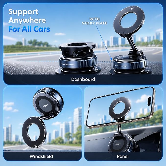 MUSEL Magnetic Car Phone Holder for MagSafe, Vacuum Mount for iPhone 17-12 | 88 lb suction hold, 2600 gf magnetic force, 22 N55 magnets, 360 degree rotation, bottom plate and ring included, dash mount - Image 3