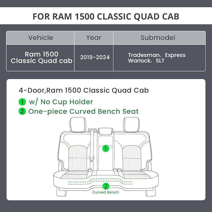 EKR Ram 1500 Seat Covers Custom Fit for (Quad Cab) RAM 1500 Classic Tradesman/Warlock/SLT/Express 2019-2024,Waterproof Black Car Seat Cover for Trucks Full Set-Neoprene(Black) - Image 2