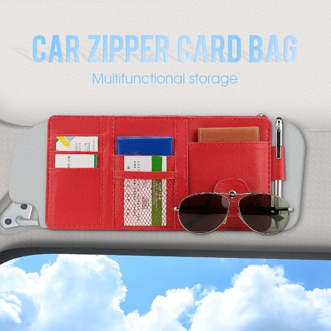 Red Car Sun Visor Organizer, Portable Card & Document Visor Storage Pocket | Visor accessories multi-slot design stores docs, cards & sunglasses, slim fits all vehicles without obstructing sight - Image 2