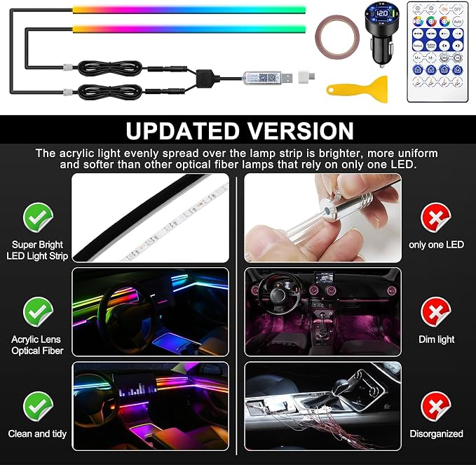 Dreamcolor Acrylic Interior Car LED Strip Light with USB/Type C/4-Port Cigarette Lighter, RGB 2 in 1 with 110.2 inches LEDs Ambient Lighting Kits, Sound Active Function Neon Led Strips for Car - Image 5