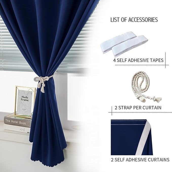 Thermal Blackout Curtains with Self-Adhesive Tape, No Rod No Drill Easy Install Window Cover for Bedroom Kitchen Dorm, 71" W x 59" L, Navy Blue, 2 Panels - Image 2