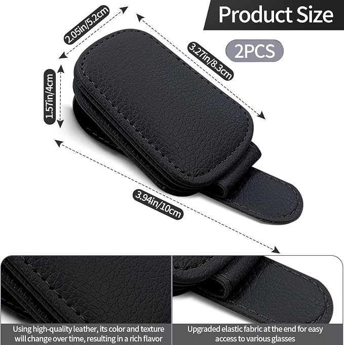 2-Pack Magnetic Sunglass Holder for Car Visor - Suede （Black） | Premium Suede Wrapped, Aluminum Core, Magnetic Grip, Clip to Visor, Holds Eyewear/Cards, Fits Most Vehicles - Image 2