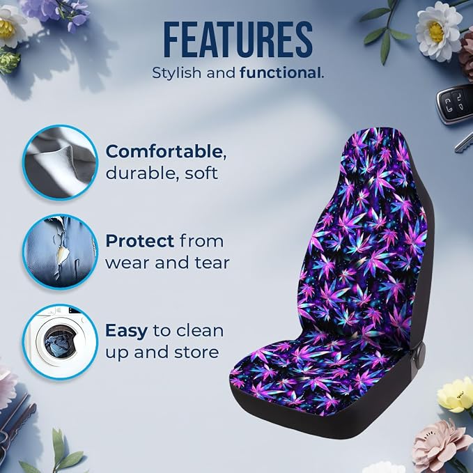 GENANY Galaxy Hemp Leaf Car Seat Covers, 2-Piece Front Seat Set | 2-piece polyester front seat cover set, each 49.5 x 19.6 inches, with adjustable straps and hooks - Image 5