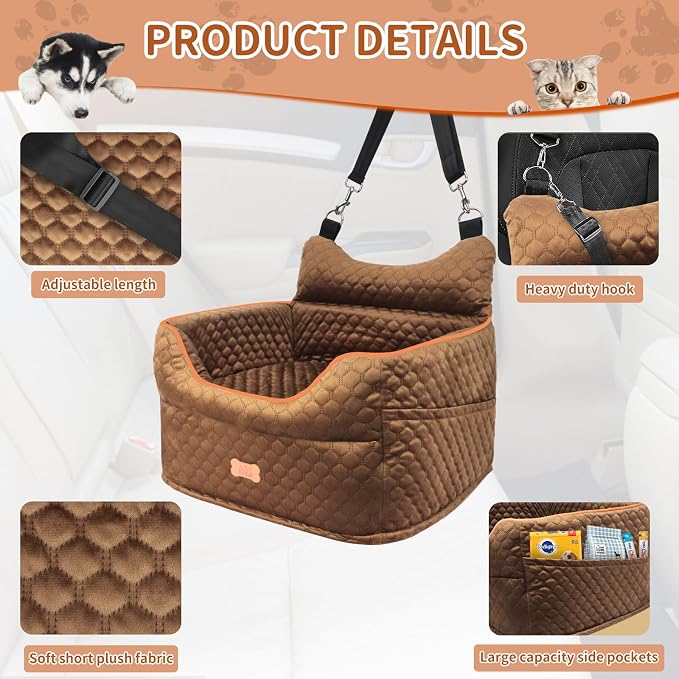 Dog Car Seat for Small Dogs Up to 25 lbs with 6-Inch Memory Foam Cushion | Elevated Booster Seat with Safety Belts, Storage Pockets and Removable Washable Cover for Front or Back Seats, Brown - Image 4