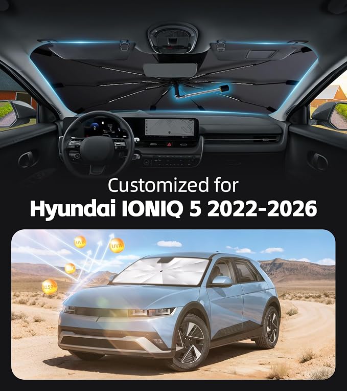 Windshield Sun Shade for Hyundai IONIQ 5 2022-2026 with 360° Rotating Shaft | Custom Fit Umbrella Sunshade for UV Blocking, Interior Heat Protection, Easy Storage, UPF 50+ Cool Windshield Cover - Image 2