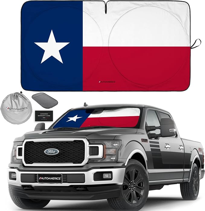 Autoamerics Truck Windshield Sun Shade with Storage Pouch & Anti-Slip Dash Pad - Foldable USA Texas Flag Design - Fits Most SUVs & Truck - Blocks UV Rays and Keeps Vehicle Cool | X-Large (66x 36 in) by AutoamericsUS
