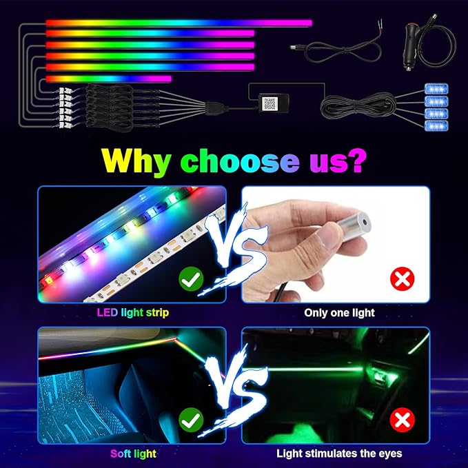 Dreamcolor Interior Car Lights - 10 in 1 LED Strip Lights with APP Control and 213 Color Modes, Decorative Neon Ambient Lighting Kits - Image 2