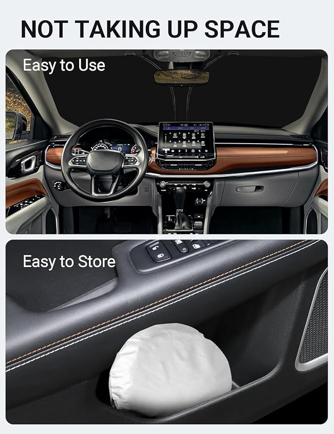 Proadsy Custom Fit 2017-2025 Jeep Compass Windshield Sun Shade, Blocks Heat | 240T Heat Shield, Drops Temp 54°F, Blocks 99% UV, Prevents Dashboard Cracking, Summer Parking & Beach Trips, Easy Twist-Fold - Image 9