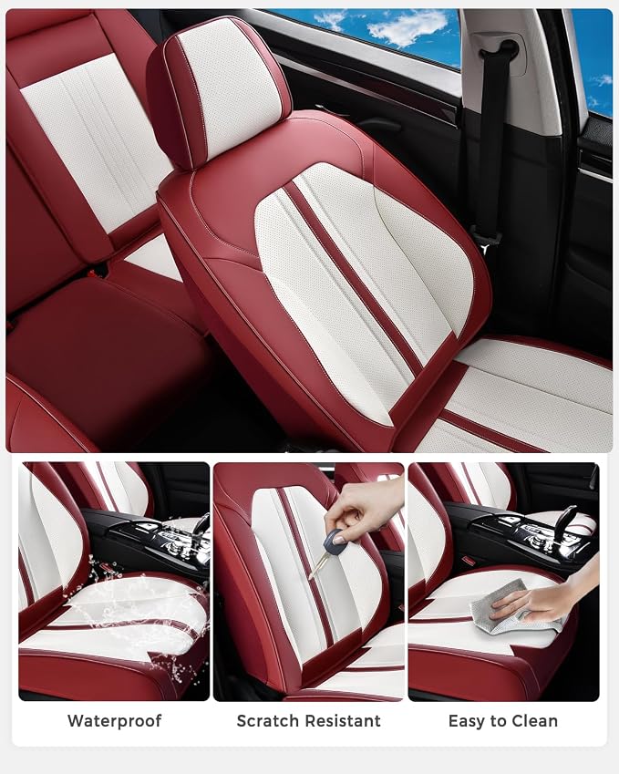Huidasource Car Seat Cover, Luxury Faux Leather Seat Covers for Cars, Velcro Adjustable, with Airbags, Child Seat, Perforation Cooling＆Heating, Universal Fit for Most Cars Vans Trucks SUVs, Red＆White - Image 7
