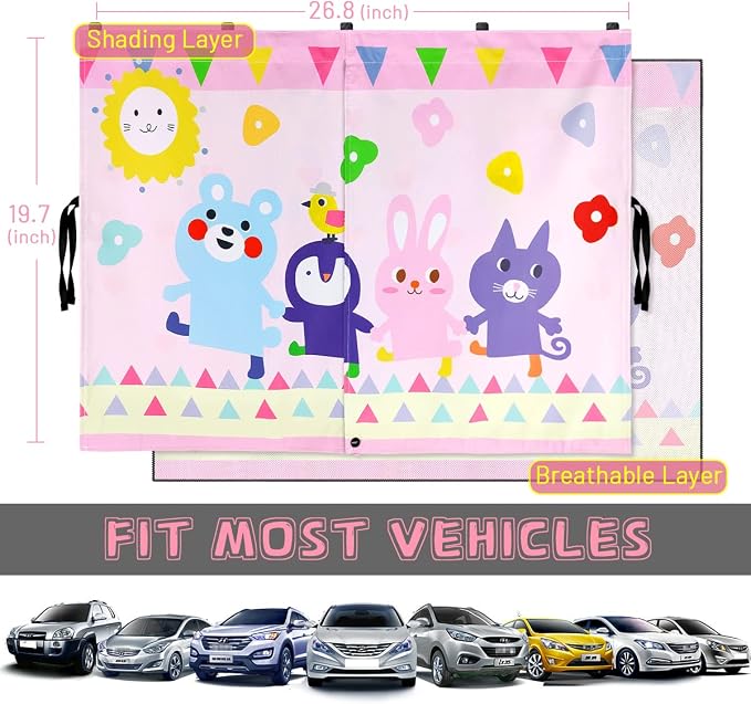 Car Window Shade for Baby, 2pcs Magnetic Auto Sun Shades for Side Windows Double Layer Full & Half Shade Options, Cute Patterns Car Window Curtains for Sun Glare Block - Image 7
