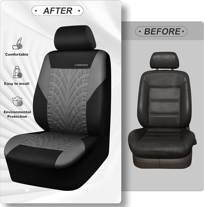 CAR PASS Car Seat Covers Two Front Only for Car, 3D Tyre Print Automotive Interior Covers, Airbag Compatible, Quick Setup Universal Fit Seat Covers for Car, Truck, SUV(Black Gray) - Image 6