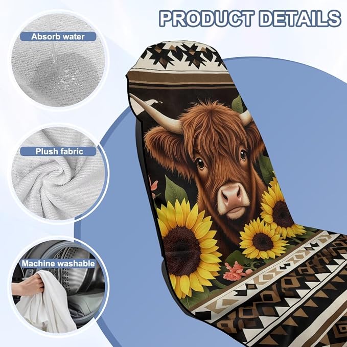 Aztec Highland Cow Car Seat Cover Highland Cow Sunflower Seat Towel Cover with Storage Bag Aztec Tribal Car Interior Accessories Sweat Auto Front Seat Towel Covers for Yoga Mat Universal Fit - Image 6