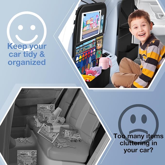 Car Backseat Organizer with Table Tray(2-Pack) 9 Storage Pockets Backseat Car Organizer and storage with Tablet Holder, Kick Mats Back Seat Cover for Kids family Road Trip Essentials Travel | 600d Oxford Fabric, Waterproof & Easy-Clean, Foldable Tray S... - Image 8