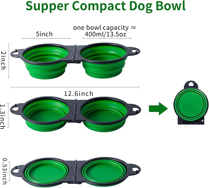 SLSON Collapsible Dog Dual Bowls Reinforced Rim 180 Degrees Flip Over Foldable Double Bowl with Lock Clips More Stable Dog Travel Bowls Pet Food Water Feeder (Green) - Image 2