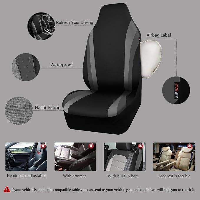 CAR PASS AquaShield Neoprene Waterproof Car Seat Covers for Front Seats Only, High Back Bucket Seat Cover,Airbag Compatible,Line Rider Seat Covers Universal Fit for Truck Van SUV (Black and Gray) - Image 3