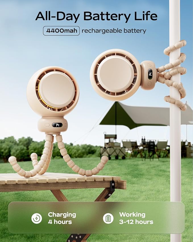 Stroller Fan, Portable Baby Fan with 60° Auto Oscillation, Brown | Flexible Tripod Design, USB-C Rechargeable, Long Battery Life, Quiet Motor, 4-Speed Cooling - Image 4