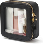 Small Clear Makeup Bag for Purse, Travel Cosmetic Case, Black, Mini | Waterproof PU Leather, Transparent Square Make Up Pouch with Zipper, Tiny Toiletry Organizer Bag for Women Car Essentials Bag by POPVIBE