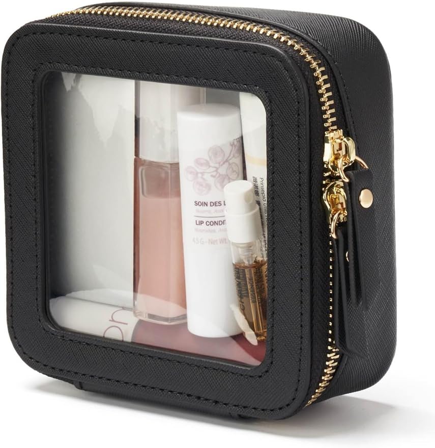 Small Clear Makeup Bag for Purse, Travel Cosmetic Case, Black, Mini | Waterproof PU Leather, Transparent Square Make Up Pouch with Zipper, Tiny Toiletry Organizer Bag for Women Car Essentials Bag by POPVIBE