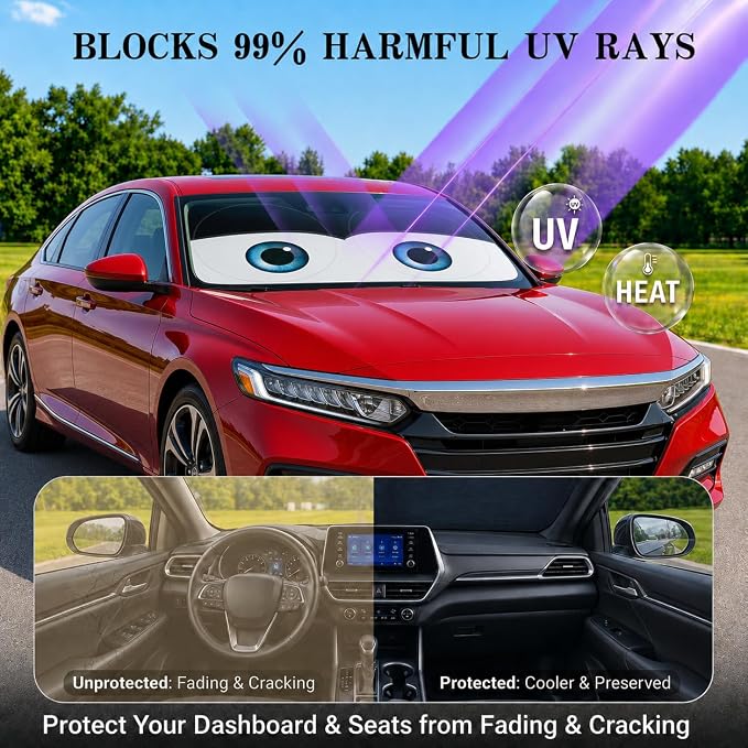 Car Windshield Sun Shade, Universal Fit Midsized Sedan SUV, Classic Black | 61 x 31.5" Windshield Cover, Foldable Front Window Sunshade, UV Heat Protection, Cute Eyes Series - Image 3