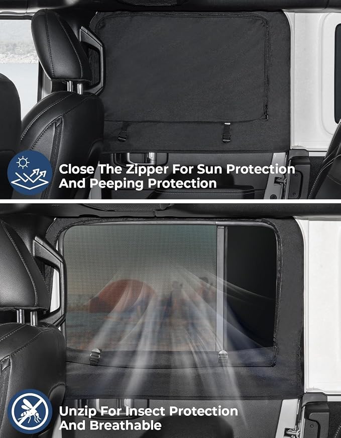 JOYTUTUS Rear Wrangler Side Window Sun Shade Camping Window Insect Screen Compatible with 2007-2026 Wrangler JK JL 4 Doors Gladiator JT, Car Window Covers for Privacy Blackout 2 Pcs - Image 3