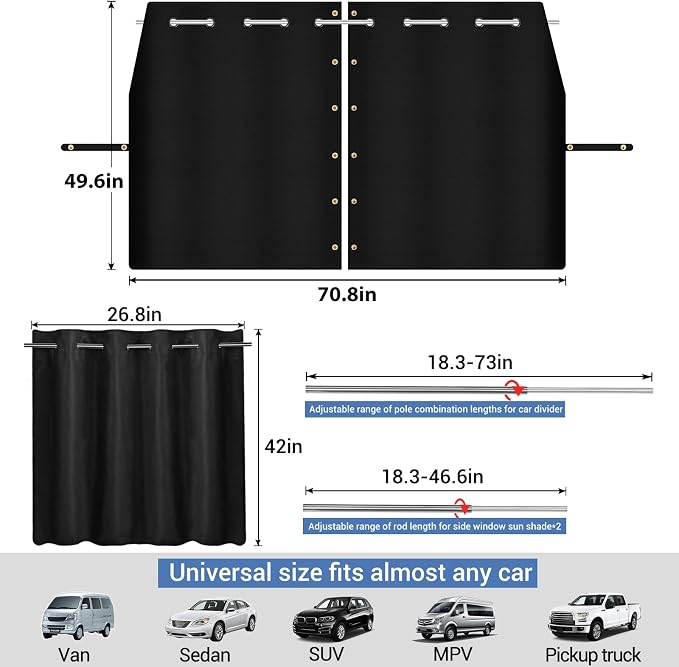 XCBYT 3-Pack Car Privacy Curtains, Rigid Rod Blackout Set | 1 divider & 2 window curtains block 99% light for camping/naps. Measure B-pillar width first; rigid rod not fit narrow car - Image 2