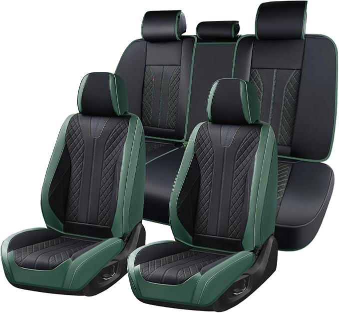 FLORICH Leather Seat Covers Full Set Automotive Car Seat Cover Front and Back Waterproof Auto Seat Covers Full Coverage Car Seat Protector Cushion Universal Fit for Most Cars SUV Trucks, Black&Green by FLORICH
