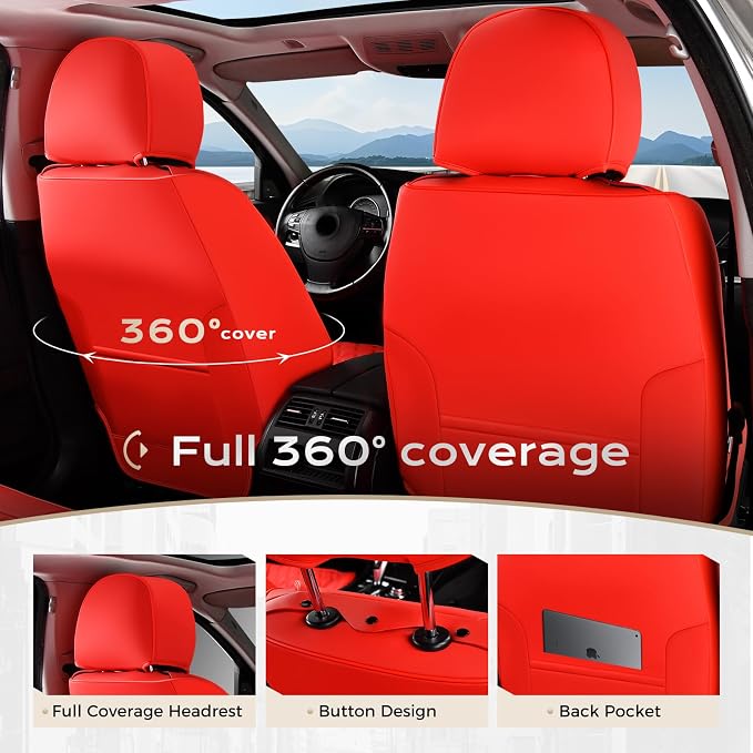 Coverado Front Seat Covers, Waterproof Nappa Leather Stain-Resistant Protectors, Universal Fit for Sedans, SUVs, Trucks, Automotive Car Seat Covers, Waterproof Seat Cushions – Red - Image 3