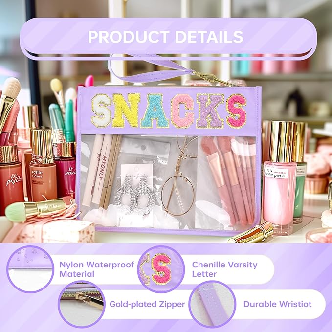 Siwara Snack Bags Clear Pouch Travel Makeup Bag Chenille Letter Bags for Zipper Pouch Clear Cosmetic Bag Clearly Tote Bag Makeup Travel Bags for Women - Image 3