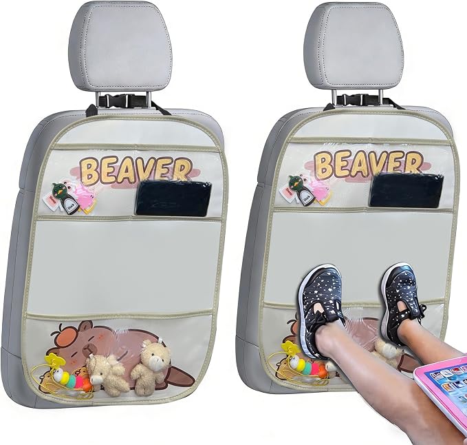 kids Leather Car Backseat Organizer with Foldable Table Tray, Car Storage Organizer with Tablet Holder, Car Seat Back Protectors Kick Mats, Travel Accessories (Capybara) by QIANKUNCaraccessories