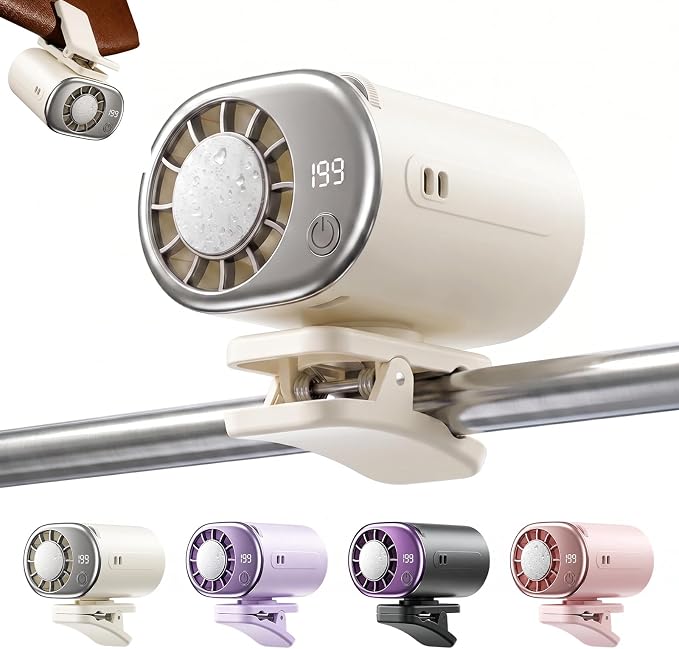 Car Clip on Air Conditioner Fan with LED Display, 360°Rotation, Semi-Cooling Technology, USB Rechargeable Personal Fan, Hands-Free Clip on Fan for Cars, Work, Camping (Off-white) by Movued