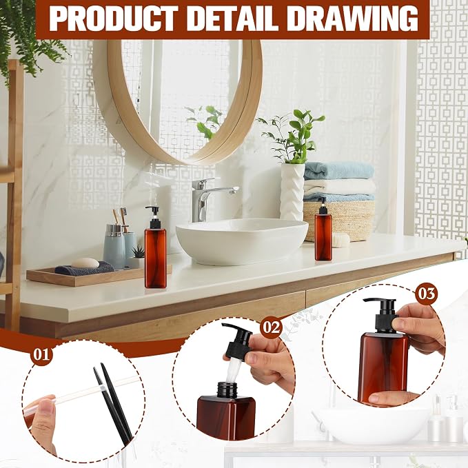 Didaey 8 Pcs Amber Plastic Bottles with Pump 16 oz Refillable Shampoo Dispenser Empty Body Wash Soap Conditioner Lotion Bottles for Bathroom, Kitchen Sink, Hotel, Salon, Cosmetic - Image 4