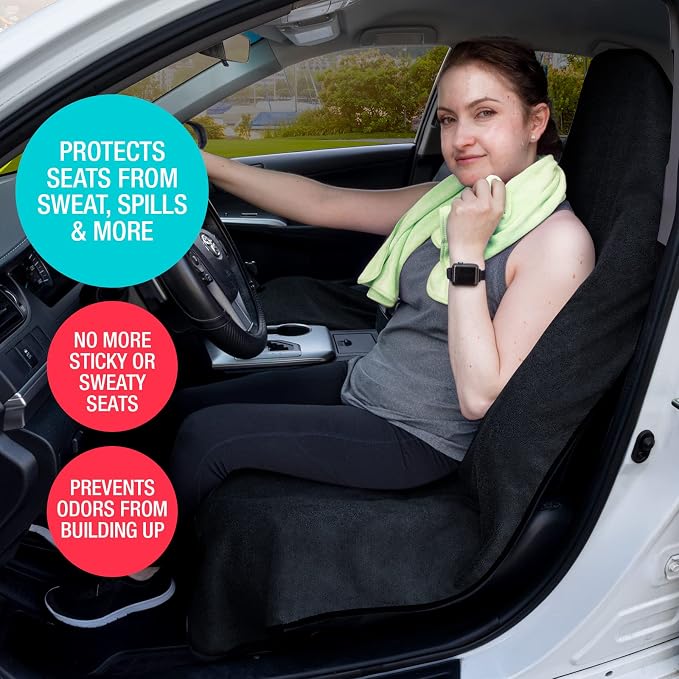 Terry Cloth Sweat Towel Seat Cover; Carseat Towel Protector; Great for Gym Workout; Waterproof; Universal Fit for Car SUV Van Truck; EZ fit; Non Slip Grip; Machine Washable; 1pc Black, Single - Image 3