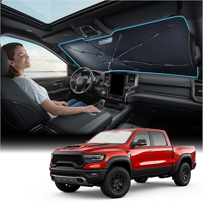 Nmoiss Windshield Sun Shade Umbrella [Vinyl Coating Heat Shield] for 2010-2026 Ram Trucks 1500 2500 3500 Accessories, Protect Car from Sun Rays & Heat Damage Keep Cool and Protect Interior by Nmoiss