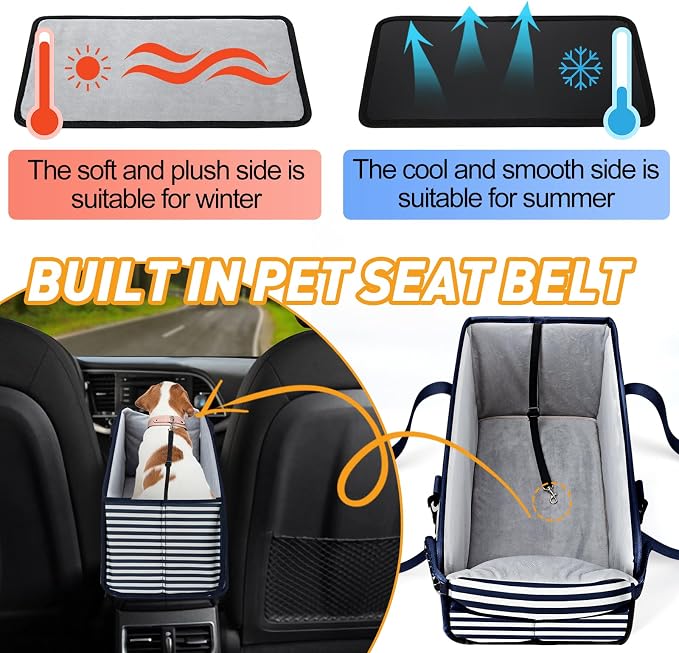 Portable Dog Car Seat for Small Dogs, Puppy Car Seat, Blue Stripes | Booster Seat With Safety Leash & Adjustable Straps Keeps Small Dogs Secure. Removable Washable Cushion. Fits Most Cars. - Image 6
