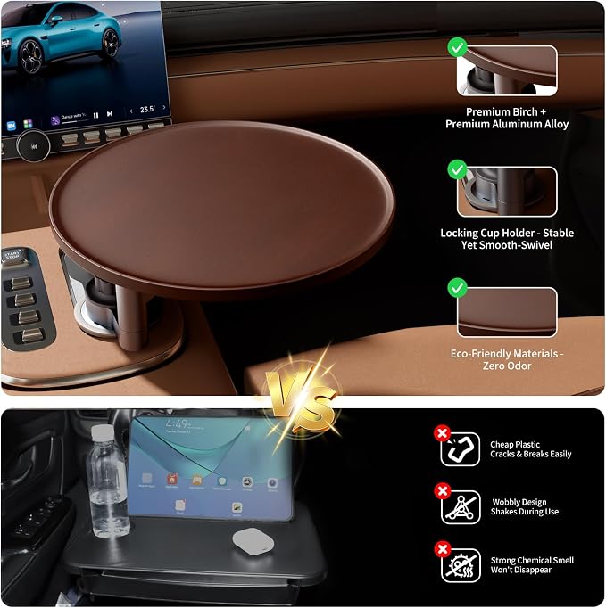 Car Tray & Car Desk for Laptop, 360° Rotating Wood Cup Holder Table, Steering Wheel Tray, Car Accessories for Women & Men,Compatible with Tesla Model Y/3/S, Ford F150/Explorer/Maverick & Most Vehicles - Image 4