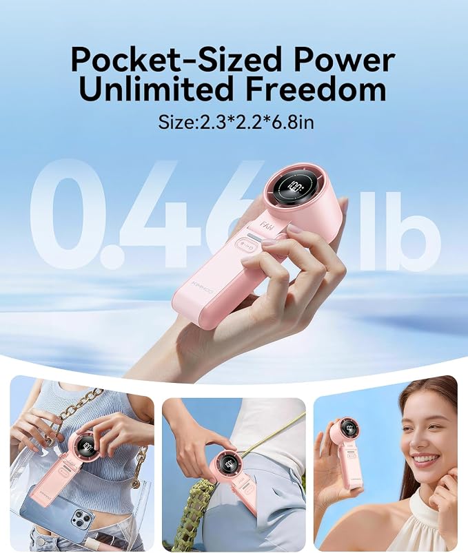 KIMMOO 3-in-1 Portable Handheld Turbo Fan-100 Speeds,Powerful 20000 RPM, 12Hrs Cooling, LED Display, 120° Rotation, USB Rechargeable Mini Hand Held Personal Fan for Travel Makeup Outdoor Indoor, Pink - Image 7