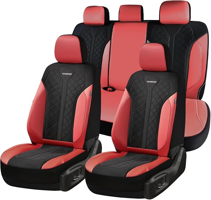 Coverado Seat Covers Full Set, Waterproof Car Seat Covers, PU Leather & Breathable Mesh Seat Protectors, 5-Piece Automotive Seat Covers, Universal Fit for SUVs, Trucks, Sedans by COVERADOAUTO