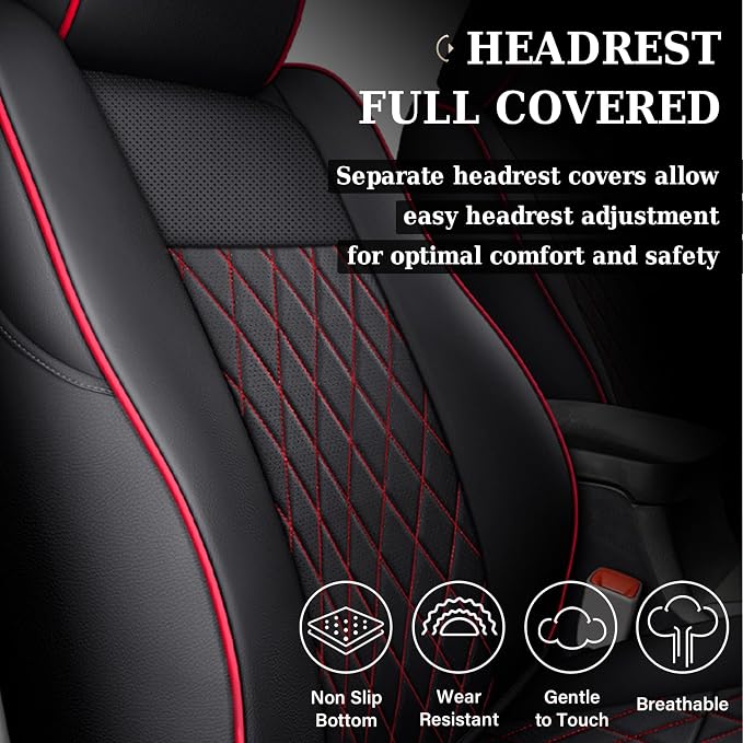 Coverado Tacoma Seat Covers, Car Seat Covers Front Seats, Leather Seat Covers for Cars Car Seat Protector Cushion Tacoma Accessories Custom Fit 2005-2023 Toyota Tacoma Double/Crew Cab(Red) - Image 3