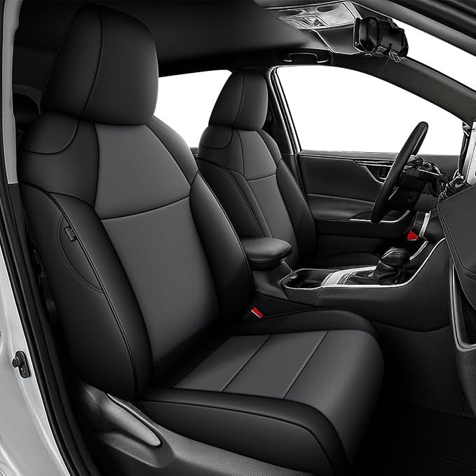 Custom Fit Seat Covers for Toyota RAV4:2019 2020-2025 | LE XLE XLE Premium Limited(Not for Hybrid)-Faux Leather Full Set Compatible Airbag Seat Protector Black&Gray by AOMSAZTO