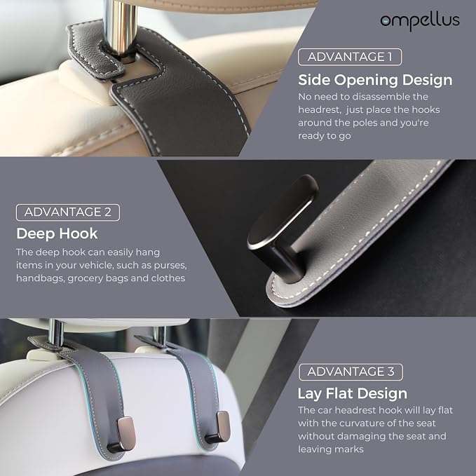 Car Headrest Hook, 2 Pack Leather Car Seat Hooks for Purses and Bags, Car Organization Accessories (Tan) | Sturdy Metal Core, Premium Leather Wrapped, Universal Fit for Most Vehicle Seat Headrest, 360-degree Rotation,Easy to Install - Image 6