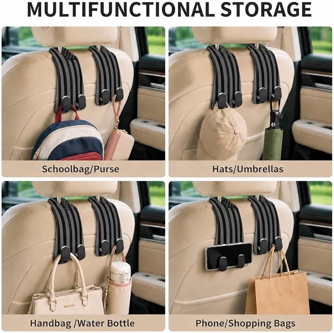 Cute American Flag Car Seat Back Storage Headrest Hooks for Purses & Bags – 2PCS PU Leather Dual Metal Hooks, Backseat Organizer Accessories - Image 6