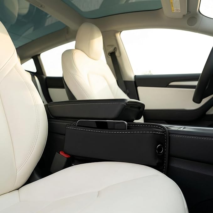 Car Seat Gap Organizer | PU Leather Seat-Side Storage Pocket with Cable Port | Fits Most Cars, SUVs and Trucks | Black - Image 2