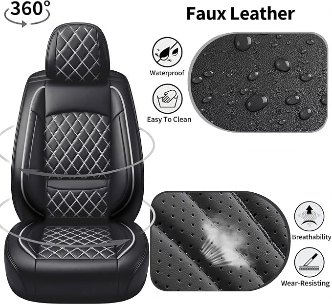 Seat Covers Fit for GMC Sierra 1500/2500/3500 HD 2007-2025,Premium Leather, Waterproof, All-Weather, Airbag Compatible, Breathable, Seat Protectors, Full Set,Whiteline - Image 3