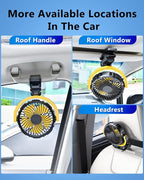 Battery Powered Fan for Car Visor Back Seat Roof Handle (Yellow) | 2000mAh Rechargeable Clip On Fan for Car SUV Van RV Pickup Truck Camping Desk Bed Stroller Baby Crib, Quiet, 360 Rotation - Image 8