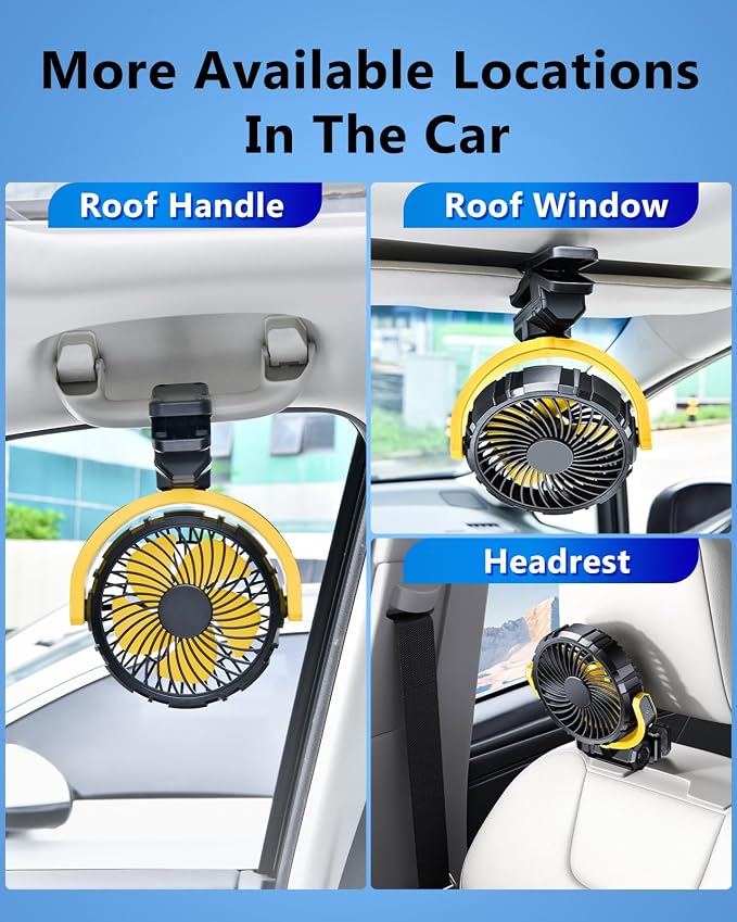 Battery Powered Fan for Car Visor Back Seat Roof Handle (Yellow) | 2000mAh Rechargeable Clip On Fan for Car SUV Van RV Pickup Truck Camping Desk Bed Stroller Baby Crib, Quiet, 360 Rotation - Image 8