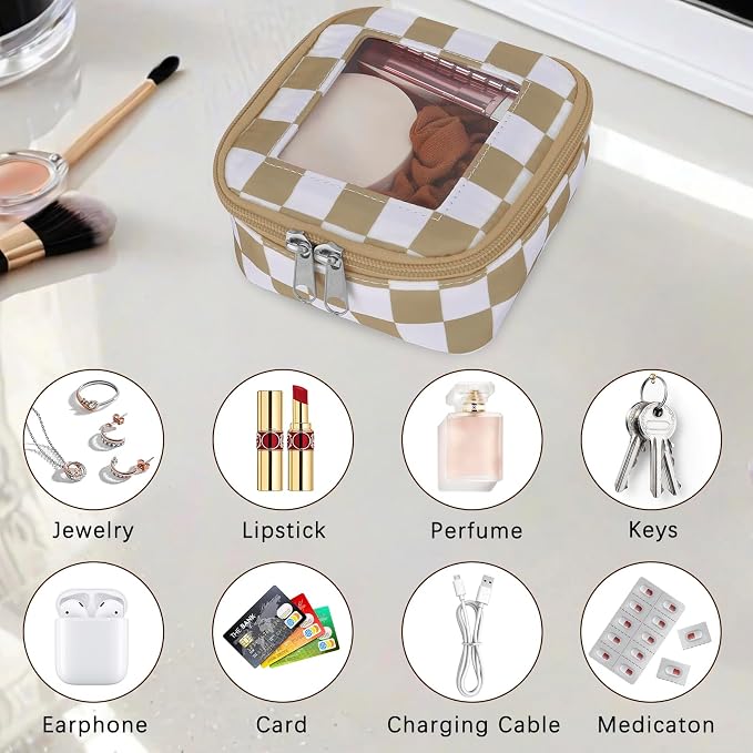 DOB SECHS Mini Checkered Bag for Purse 5.1'' x 5.1'' Small Makeup Bag for Car Cute Clear Cosmetic Bags with Zipper, Tiny Toiletry Bag Lipstick Organizer Pouch Travel Essentials Storage Pouch, Khaki - Image 6