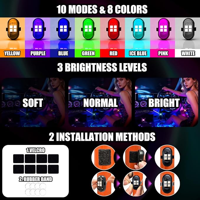 Wireless LED Lights for Car, Rechargeable Interior Car Lights | Remote Control, 8 Colors, 10 Modes, 3 Brightness Levels, USB-C Accent Lights for Car, Truck, Motorcycle & Bike - Image 6