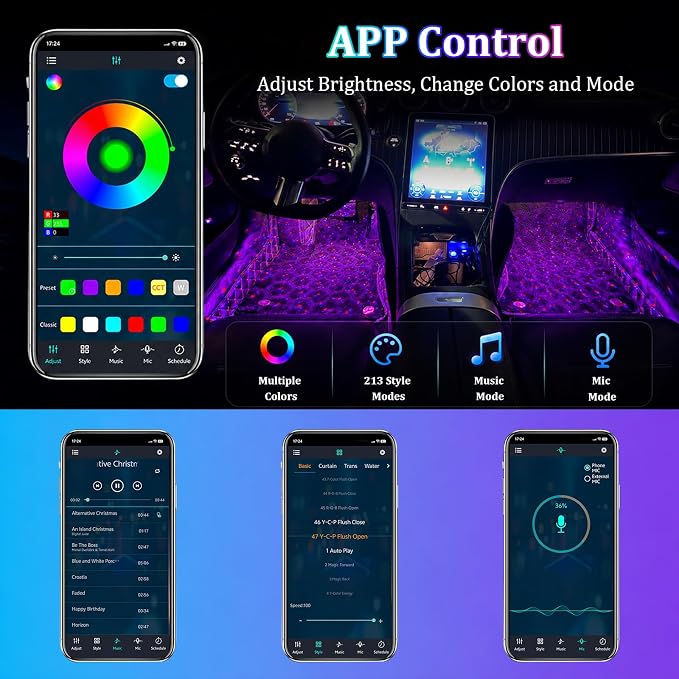 Car Interior LED Lights,4 in 1 RGB APP Control Automotive Under Dash Neon Ambient Lighting with USB Port,Music Sync Auto Footwell Lamp,Car Interior Atmosphere Light - Image 3
