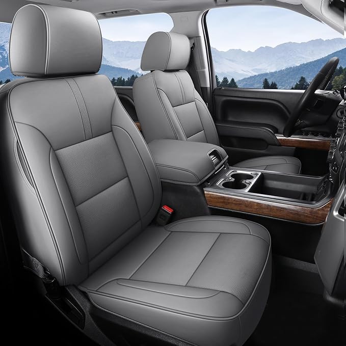 Coverado Chevy Silverado Seat Covers, Faux Leather Seat Covers Fit for Chevy Silverado GMC Sierra 2007-2026 1500, 2015-2026 2500HD 3500HD Crew Double Extended Cab (Front,Gray) by COVERADOAUTO